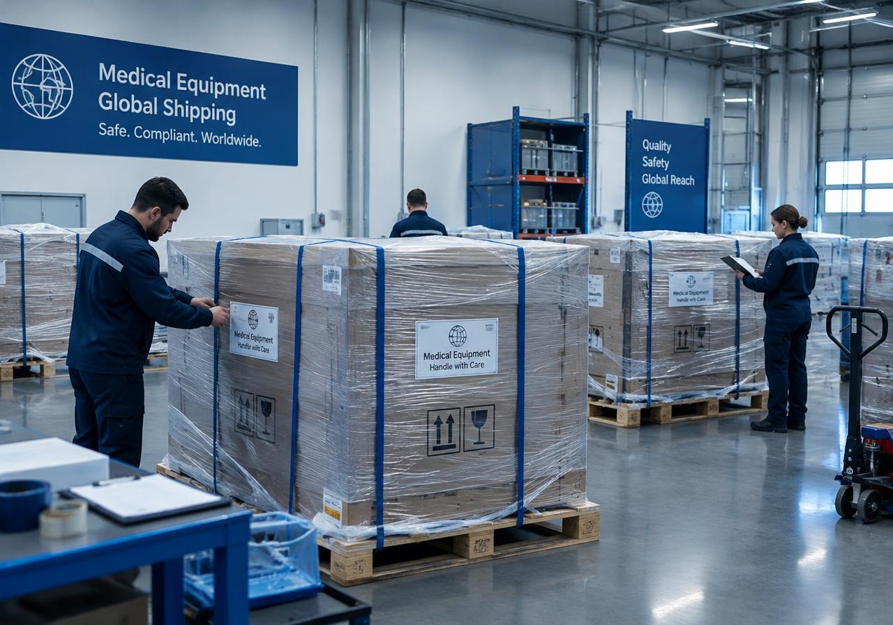 Medical equipment prepared on pallets for international shipping